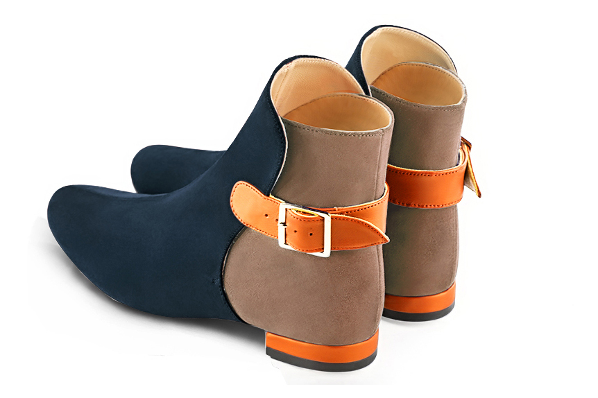 Navy blue, biscuit beige and apricot orange women's ankle boots with buckles at the back. Round toe. Flat block heels. Rear view - Florence KOOIJMAN